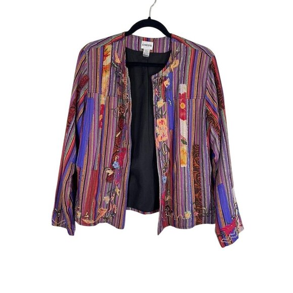 Chicos Silk Floral Jacket L Red Striped Beaded Artsy Boho Sequin Embroidery Chic - Picture 1 of 16